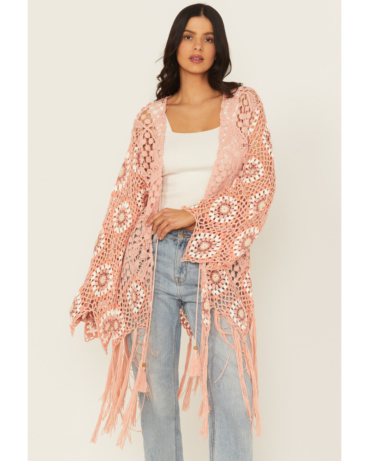 Image #1 - Miss Me Women's Crochet Fringe Kimono, Pink, hi-res
