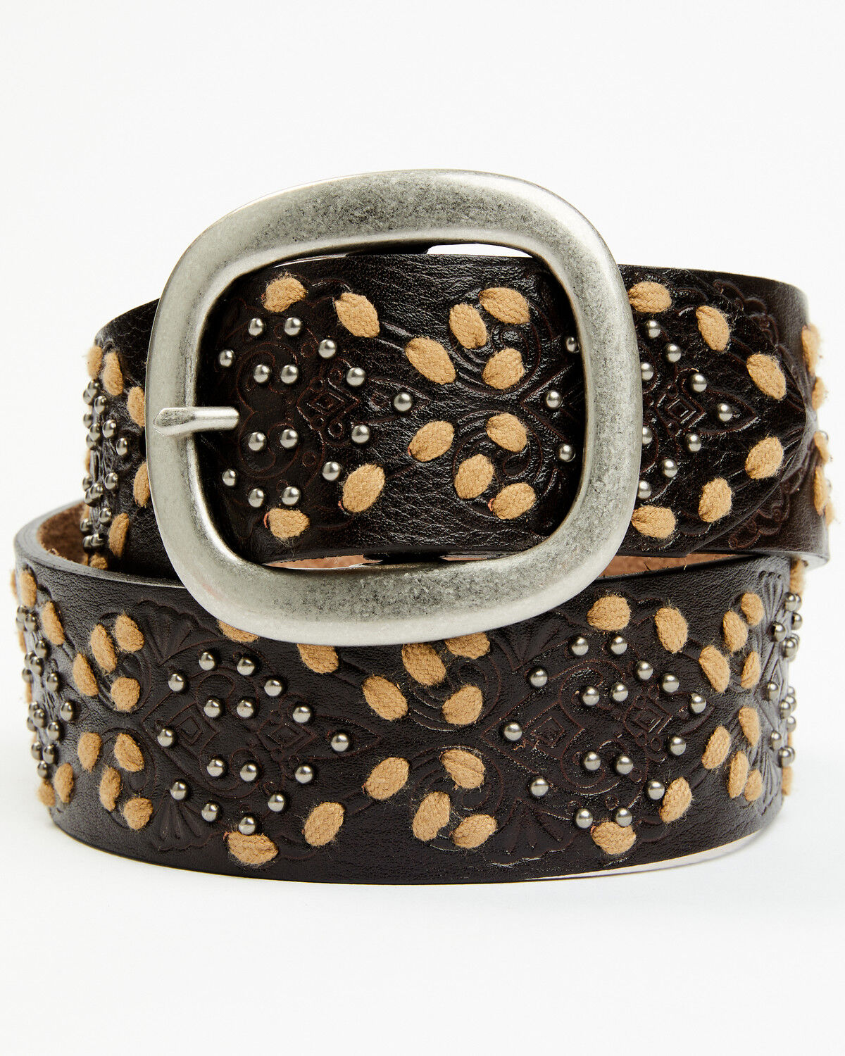 Image #1 - Shyanne Women's Embossed Heavy Cord Lacing Oval Buckle 3/4" Belt, Dark Brown, hi-res