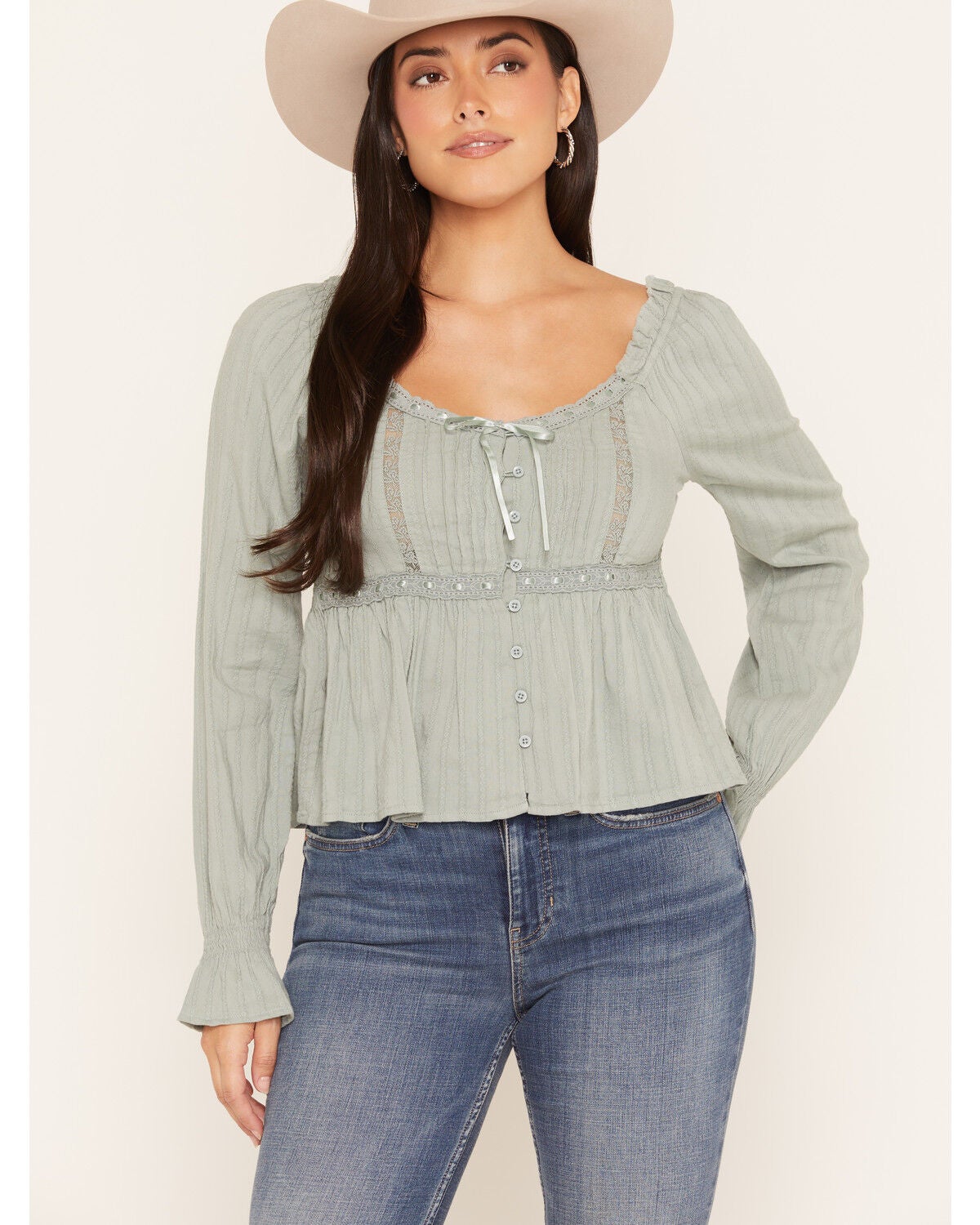 Wonderwest Women's Long Sleeve Lace Trim Button-Front Top, Blue, hi-res