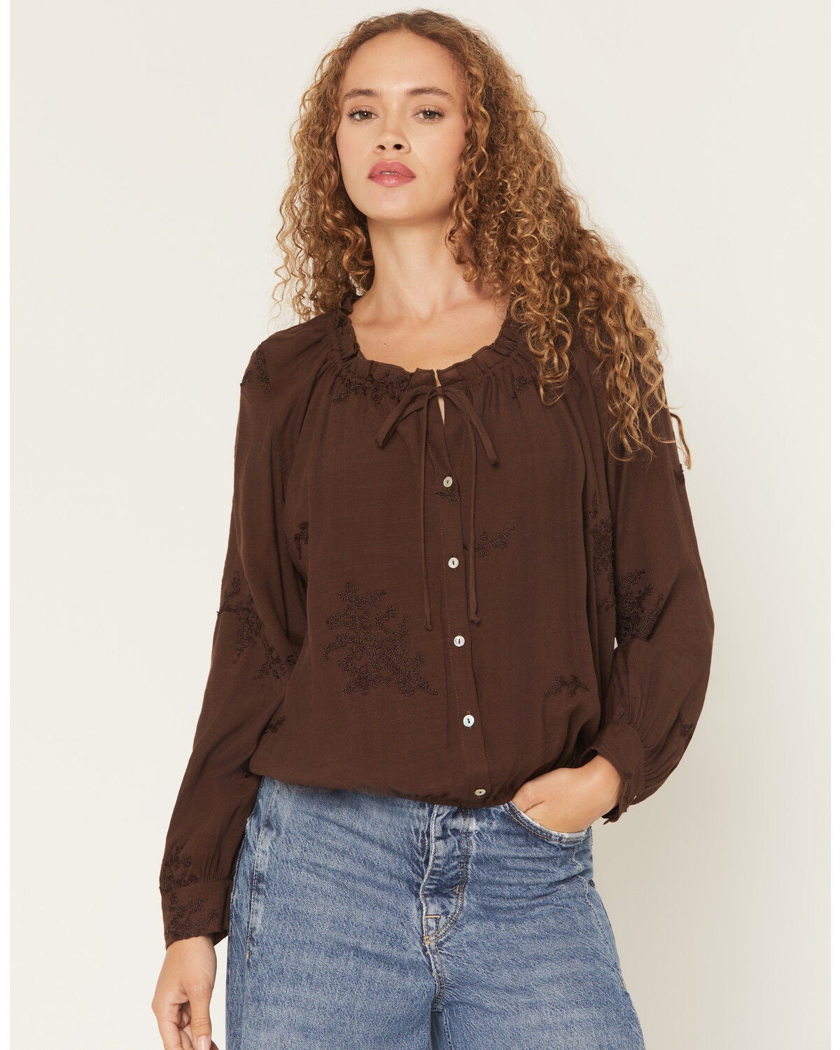 Wild Moss Women's Embroidered Peasant Top, Brown, hi-res