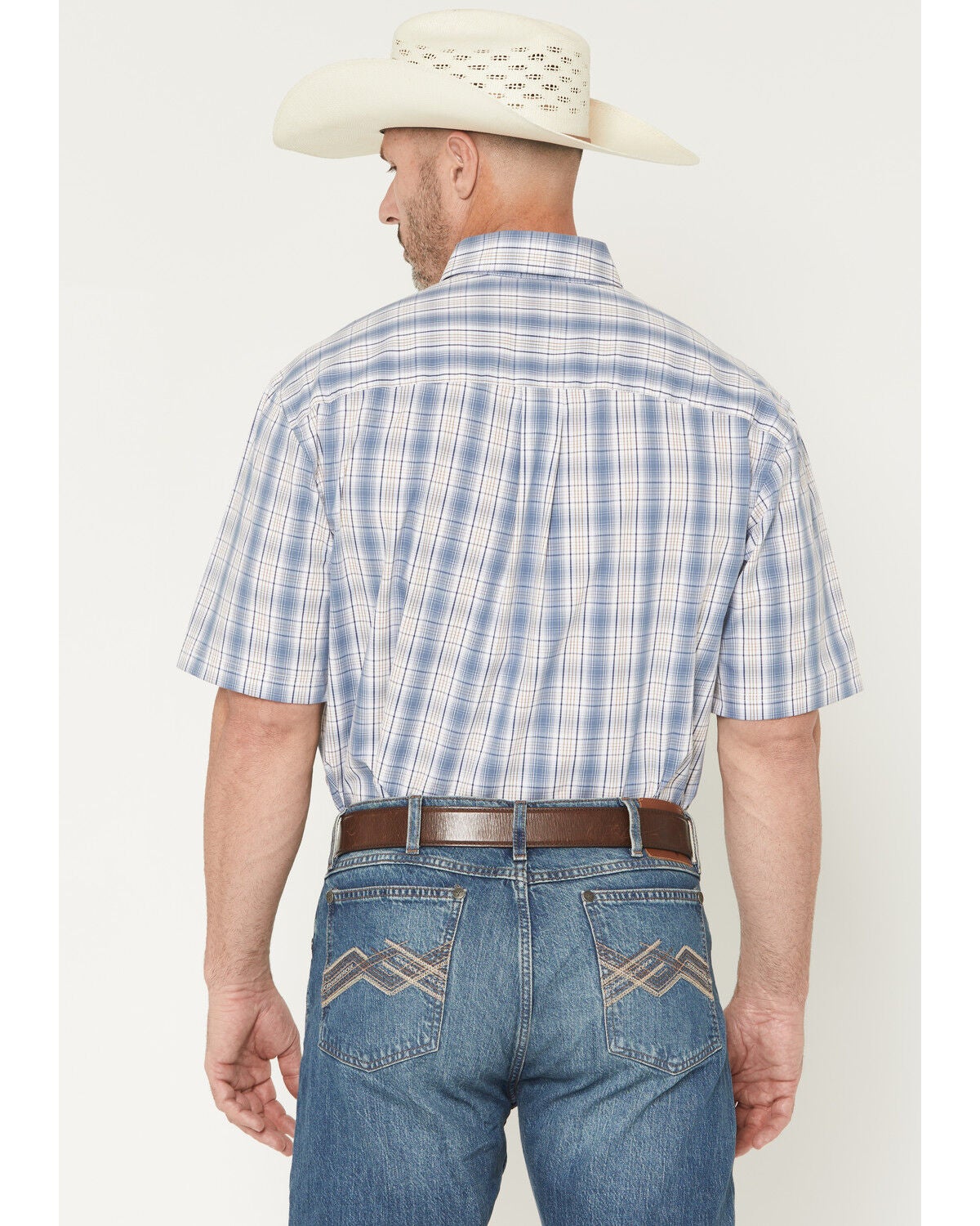 Image #4 - George Strait by Wrangler Men's Plaid Print Short Sleeve Button-Down Stretch Western Shirt, Blue, hi-res
