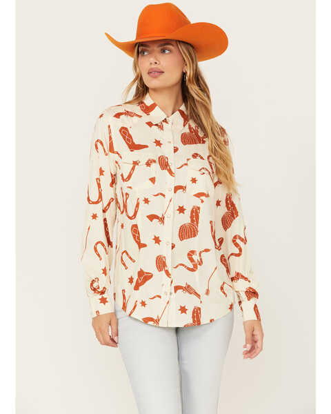 Image #1 - Cotton & Rye Women's Snake and Boot Conversation Print Long Sleeve Pearl Snap Western Shirt , Cream, hi-res