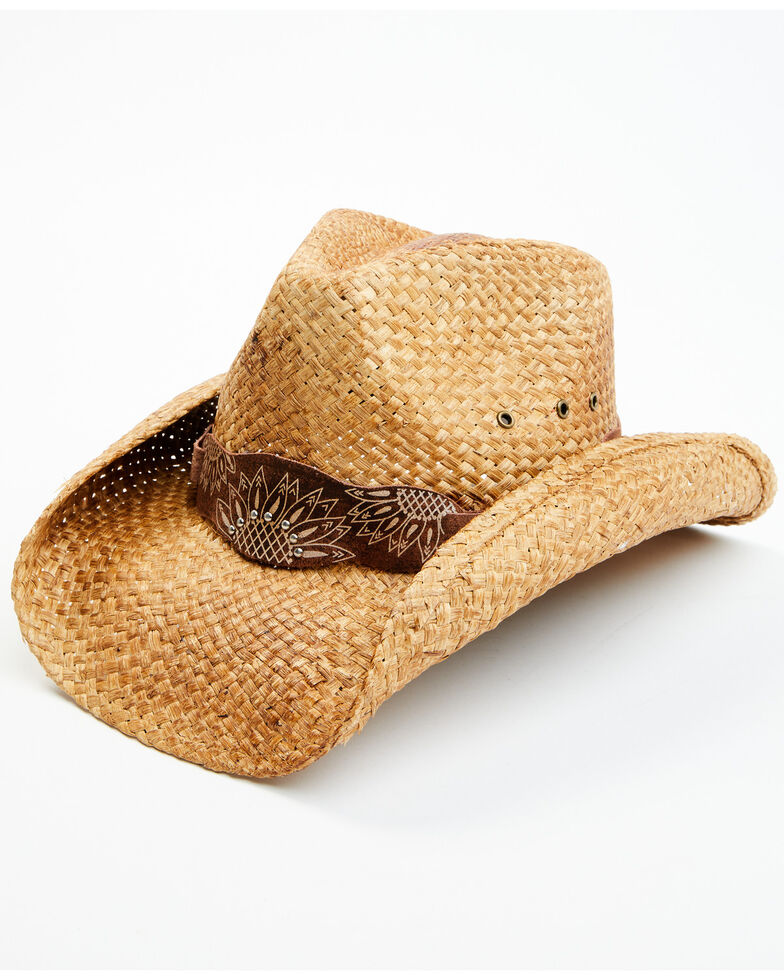 Shyanne Women's Sunrise Tea Stain Studded Straw Western Hat , Tan, hi-res