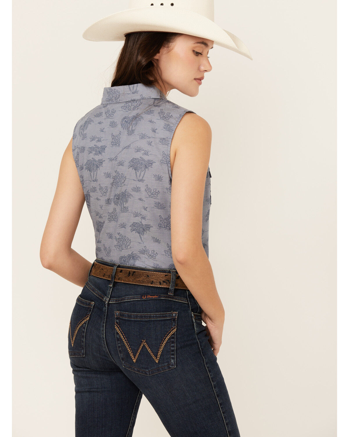 Image #4 - Rough Stock by Panhandle Women's Palm Tree Sleeveless Pearl Snap Western Shirt, Blue, hi-res