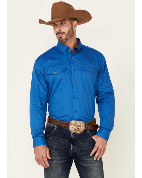 Image #1 - Roper Men's Solid Amarillo Collection Long Sleeve Western Shirt, Royal, hi-res