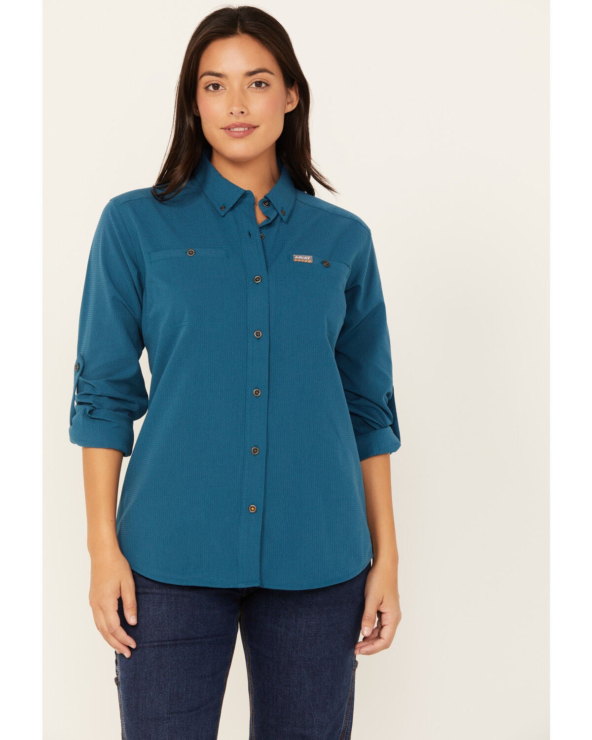 Ariat Women's Rebar Made Tough Long Sleeve Button-Down Work Shirt, Indigo, hi-res