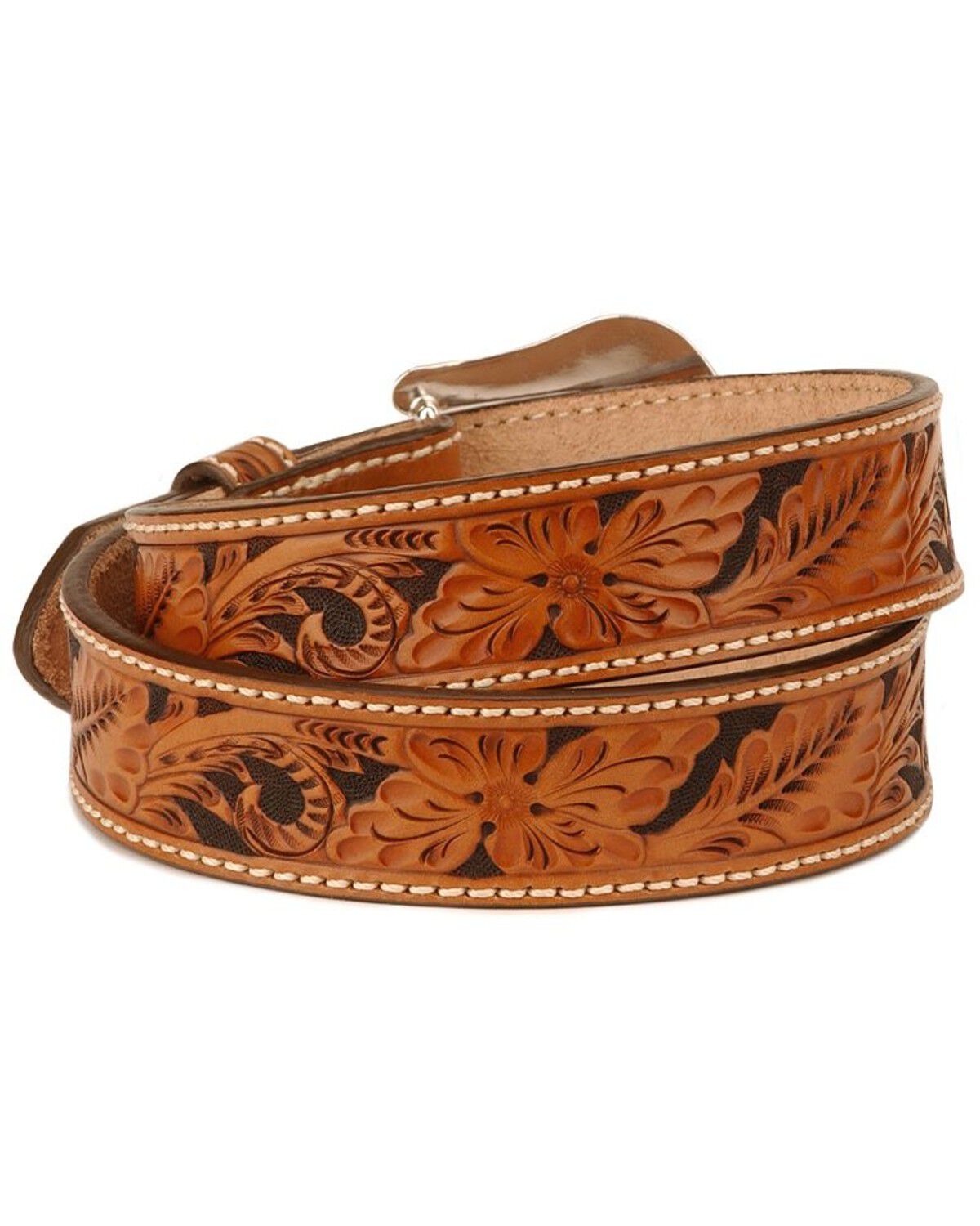 Image #3 - Tony Lama Men's Floral Tooled Leather Belt, Tan, hi-res