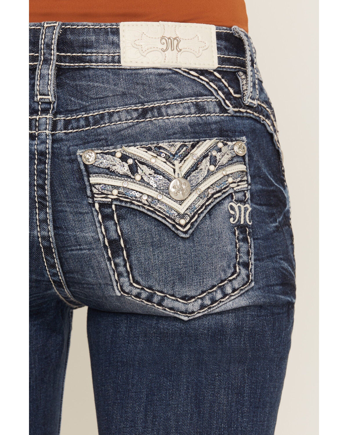 Image #2 - Miss Me Women's Dark Wash Geo Border Pocket Bootcut Stretch Denim Jeans, Dark Wash, hi-res