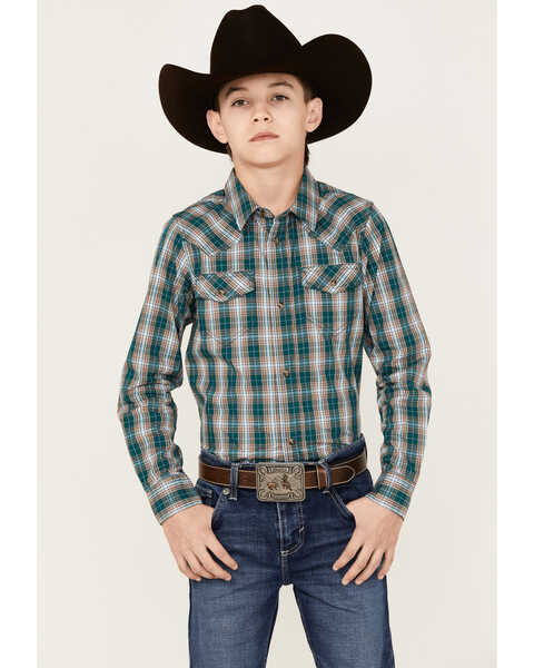 Cody James Boys' Plaid Print Long Sleeve Snap Western Shirt, Blue, hi-res