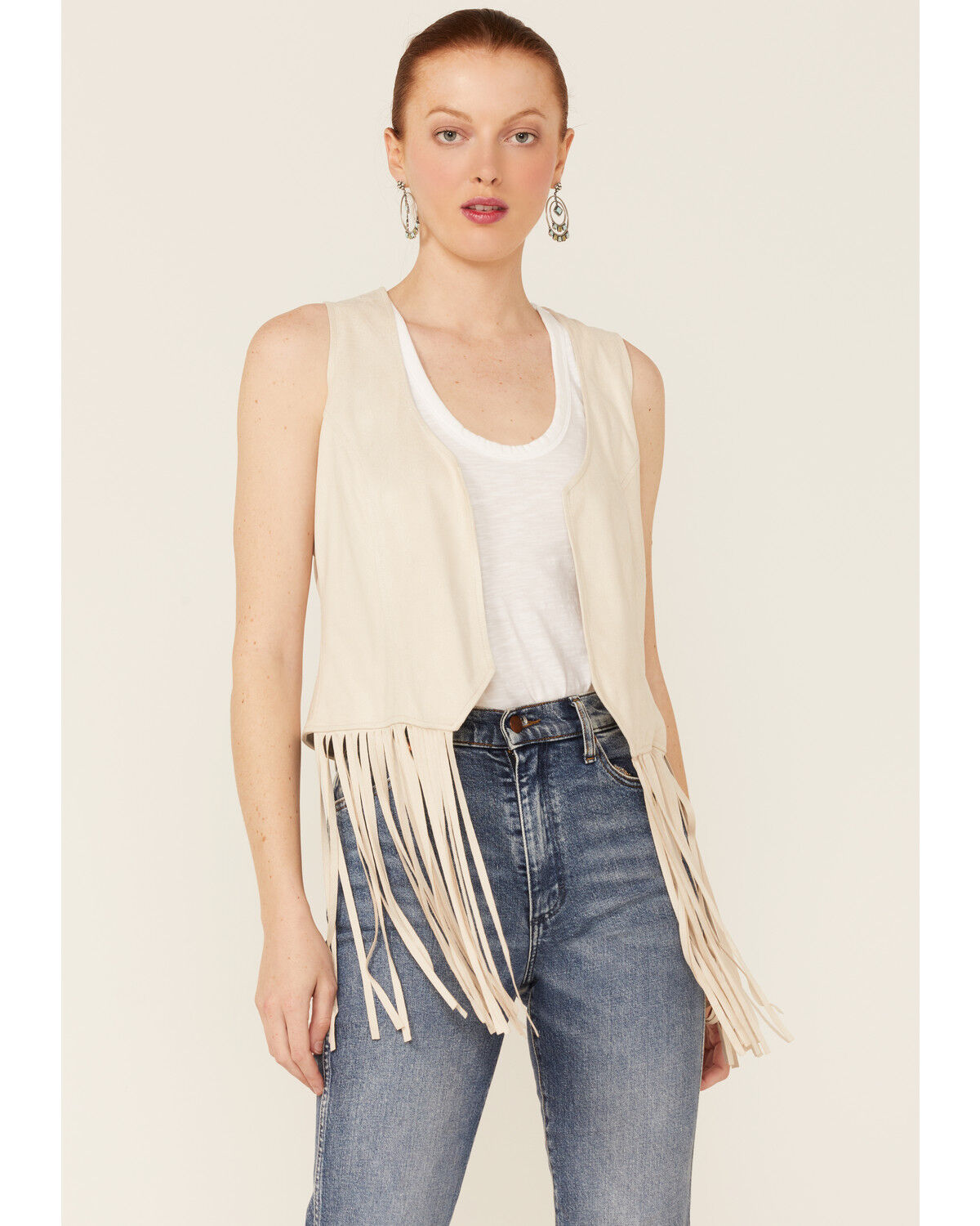 Image #1 - Roper Women's White Faux Suede Fringe Vest, White, hi-res