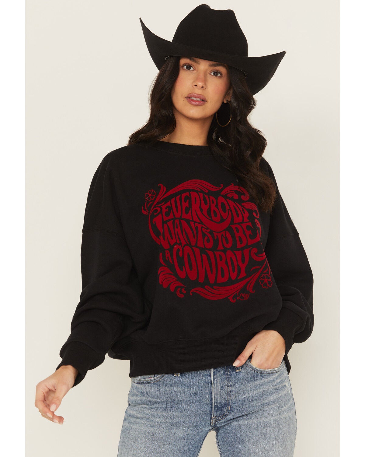 Image #1 - Wrangler X Lainey Wilson Women's Everybody Wants to be a Cowboy Crewneck Sweatshirt, Black, hi-res