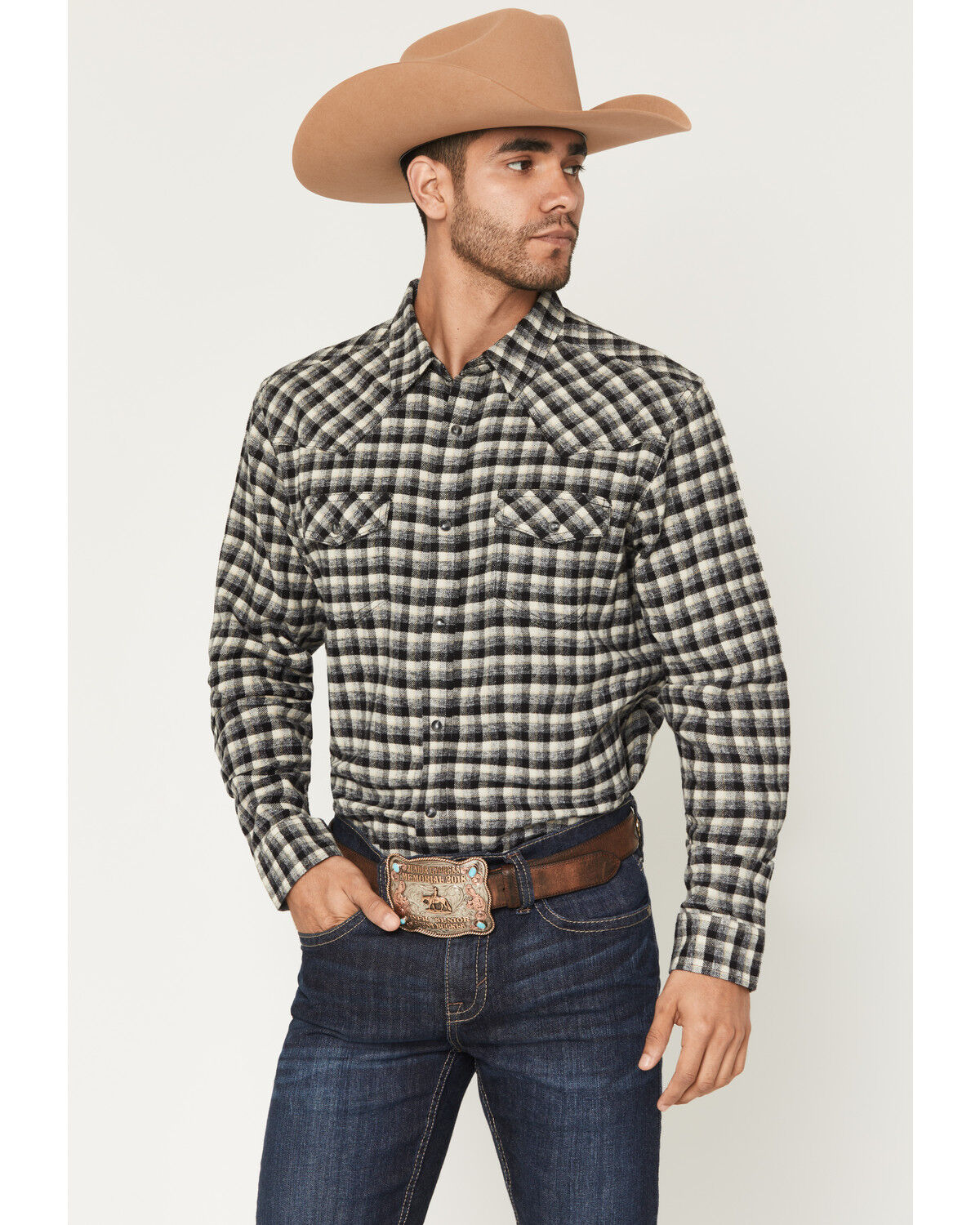 Image #1 - Cody James Men's Ozark Highlands Plaid Print Long Sleeve Snap Flannel Shirt, Black, hi-res