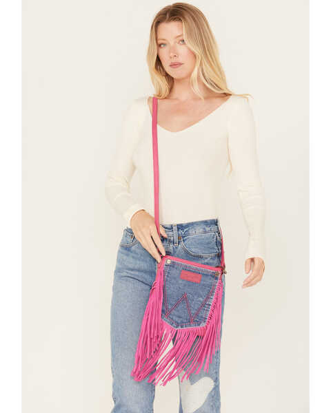 Wrangler Women's Leather Fringe Denim Jean Pocket Crossbody Bag, Hot Pink, hi-res