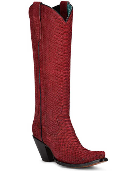 Corral Women's Exotic Python Skin Western Boots - Snip Toe, Red, hi-res