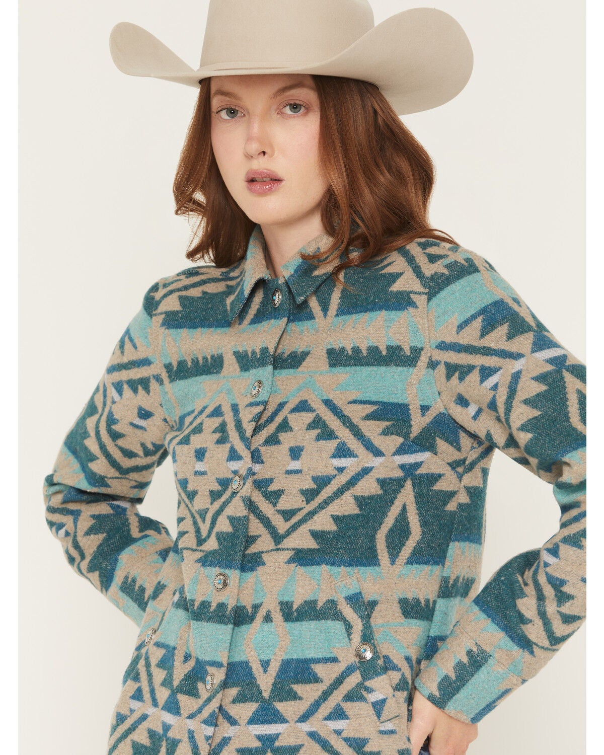 Image #2 - Shyanne Women's Southwestern Snap Blanket Shacket, Turquoise, hi-res