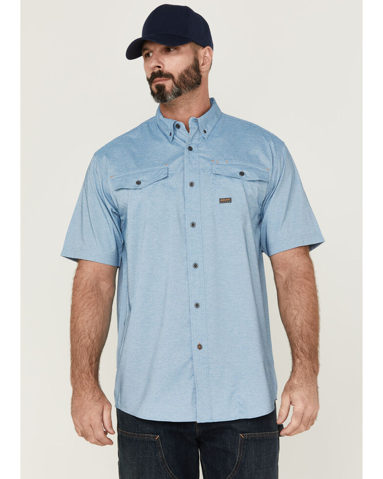 Ariat Men's Heather Deep Water Rebar Made Tough VentTek Short Sleeve Button-Down Work Shirt, Blue, hi-res