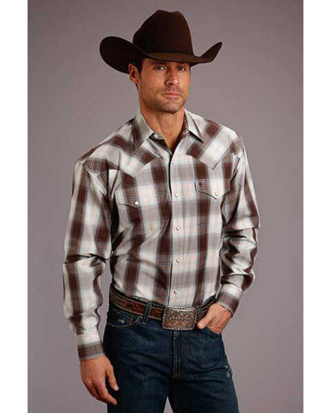 Stetson Men's Brown Ombre Plaid Long Sleeve Western Shirt , Brown, hi-res