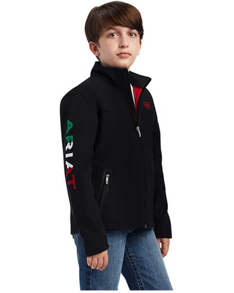 Image #1 - Ariat Boys' Mexico Flag Logo Embroidered Softshell Jacket, Black, hi-res