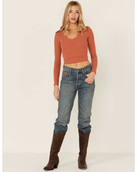 Image #4 - Wild Moss Women's Solid Long Sleeve Raw Edge Ribbed Knit Top, Rust Copper, hi-res