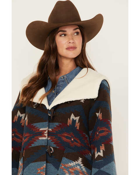Image #2 - Powder River Outfitters Women's Southwestern Print Sherpa-Lined Jacquard Coat, Teal, hi-res