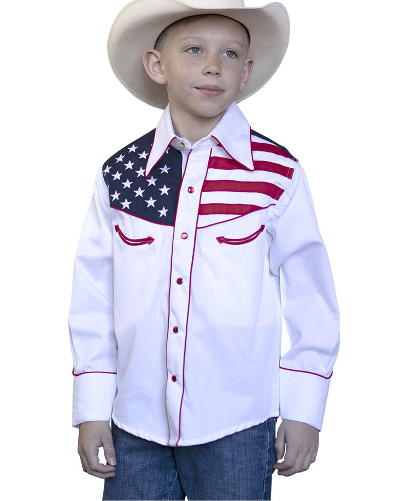 Rockmount Ranchwear Boys' Embroidered Vintage American Flag White Western Shirt, Red/white/blue, hi-res