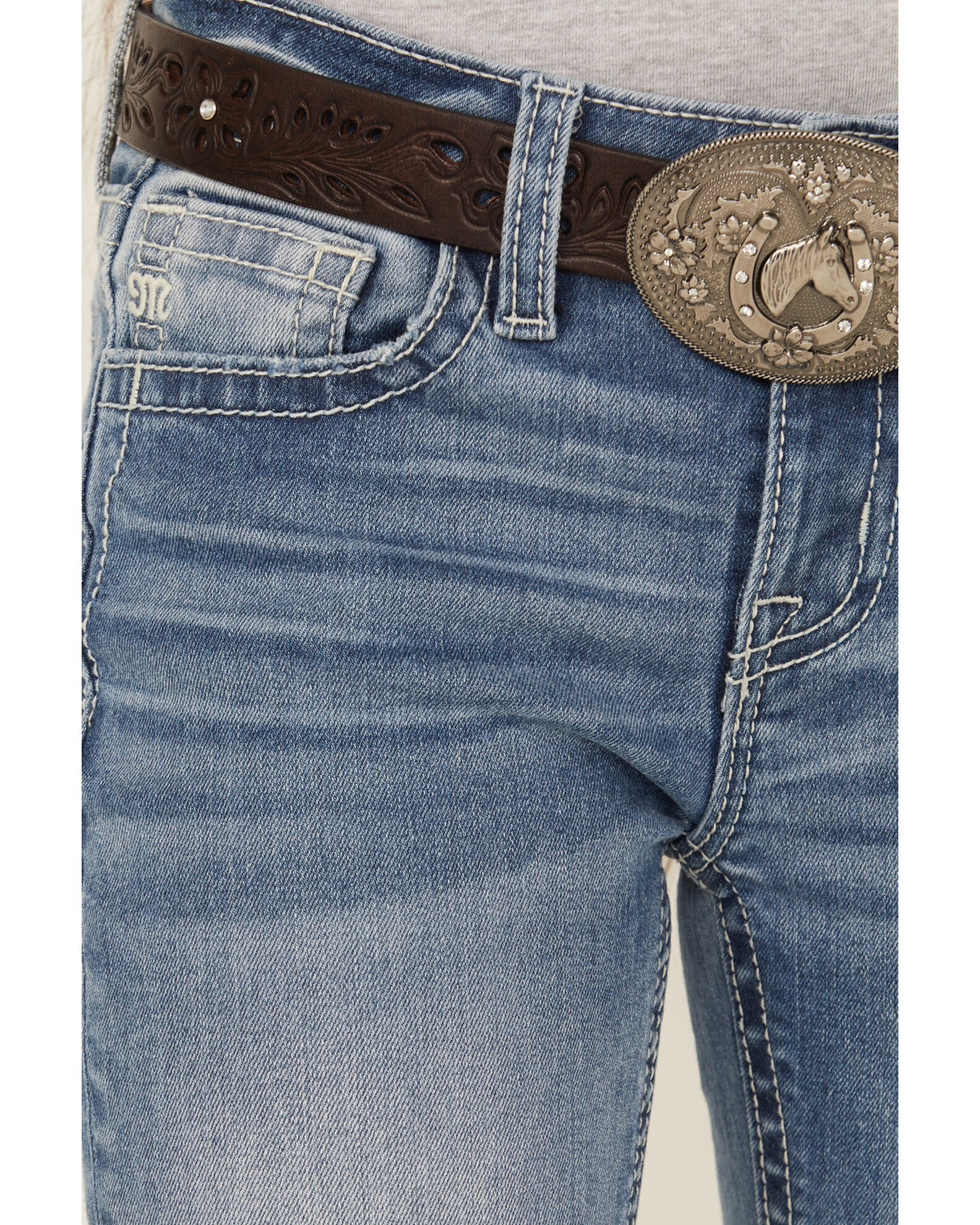 Image #4 - Miss Me Girls' Light Wash Winged Pocket Bootcut Stretch Denim Jeans, Black, hi-res