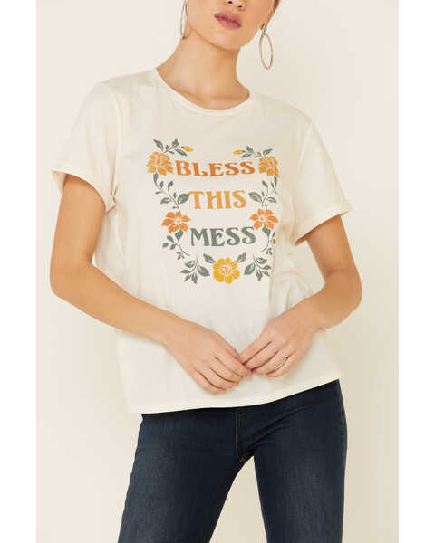 Cut & Paste Women's Bless This Mess Floral Graphic Short Sleeve Tee  , Ivory, hi-res