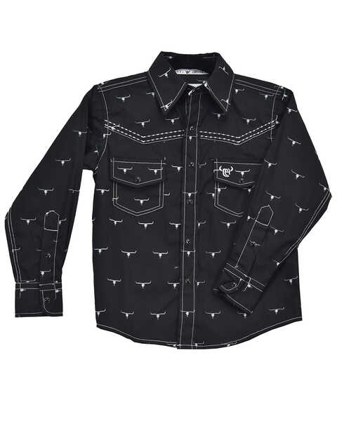 Image #1 - Cowboy Hardware Boys' Steerhead Print Long Sleeve Snap Western Shirt , Black, hi-res