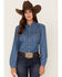 Wrangler Retro Women's Medium Wash Denim Long Sleeve Snap Western Shirt, Blue, hi-res