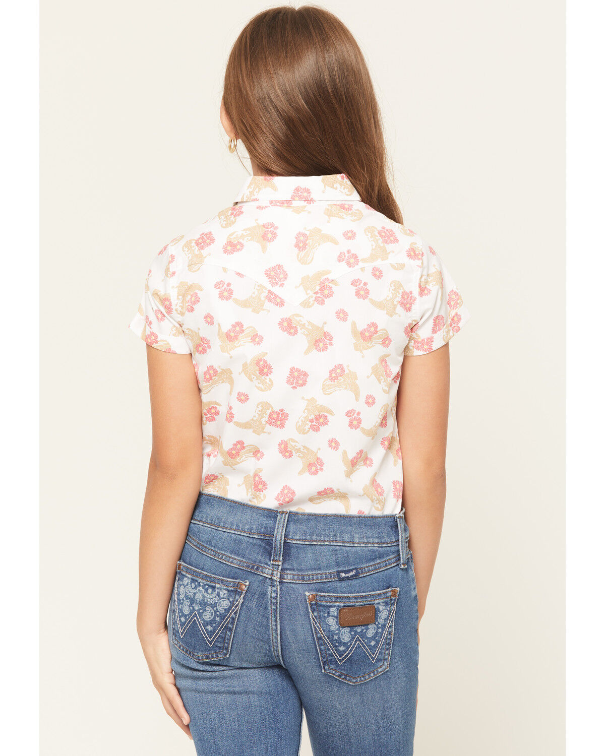 Image #4 - Wrangler Girls' Floral Print Short Sleeve Snap Western Shirt, White, hi-res