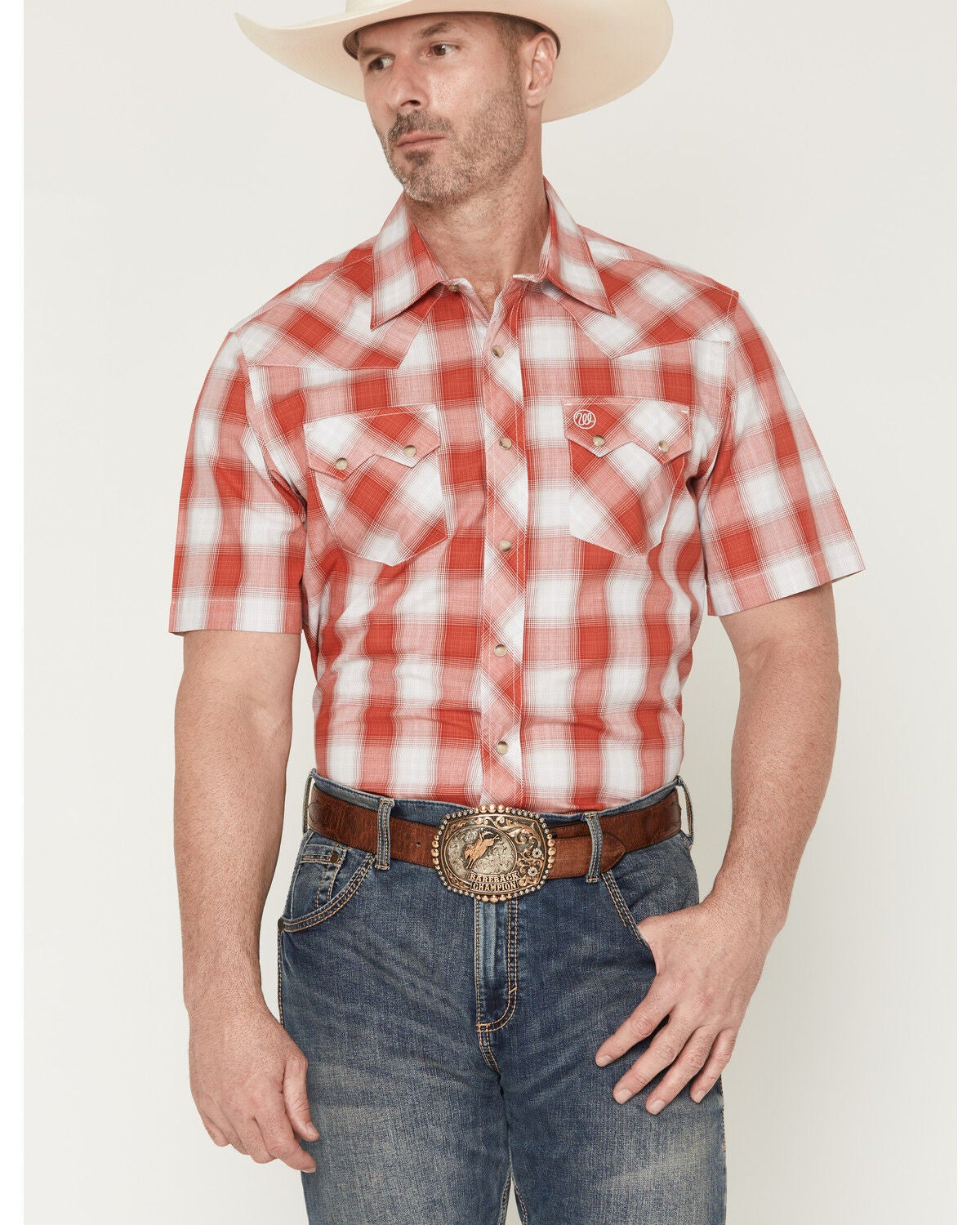Wrangler Retro Men's Plaid Print Short Sleeve Snap Western Shirt, Red, hi-res