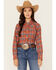 Image #1 - Ely Walker Women's Plaid Print Long Sleeve Snap Flannel Shirt, Rust Copper, hi-res