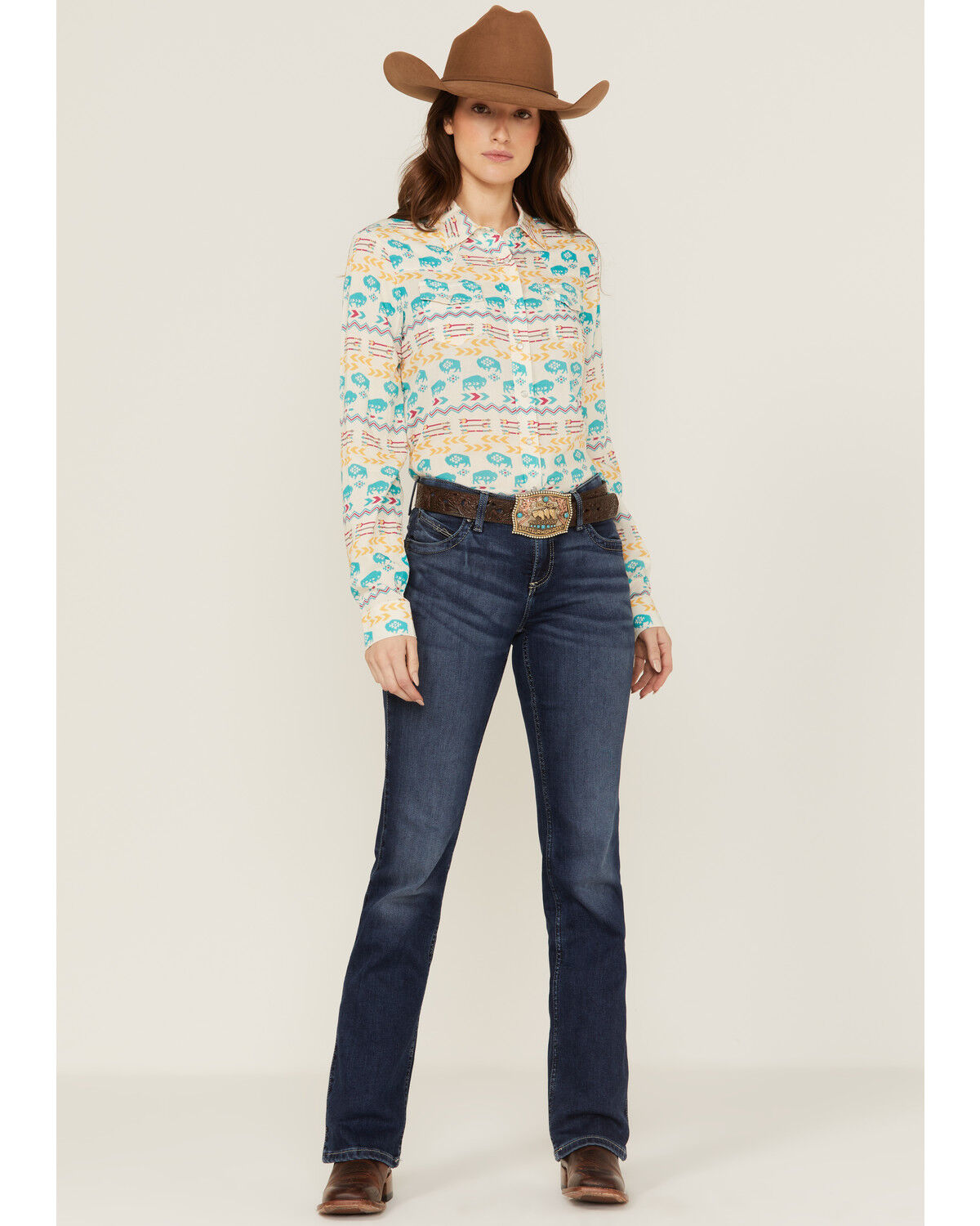 Image #2 - Roper Women's Buffalo Roam Southwestern Print Long Sleeve Pearl Snap Western Shirt, Multi, hi-res