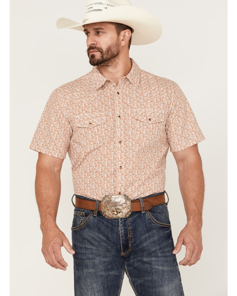 Gibson Men's Cereus Large Geo Print Short Sleeve Snap Western Shirt , Cream, hi-res