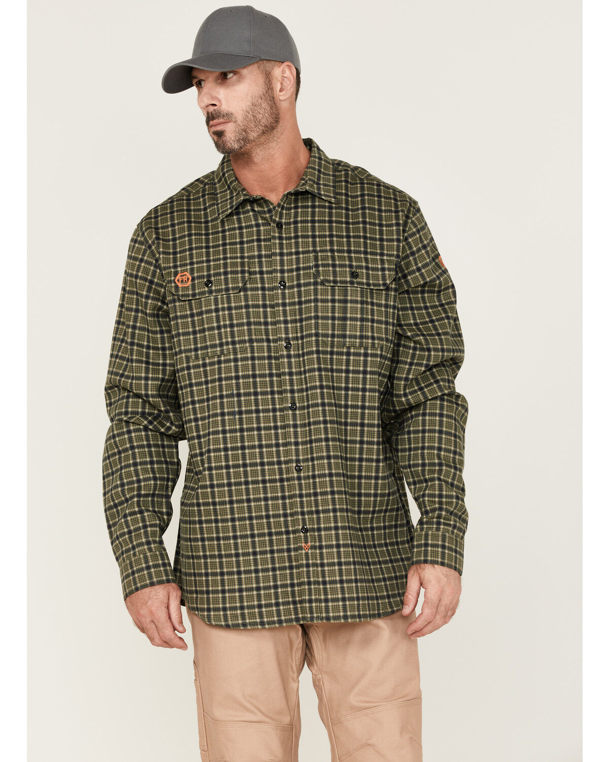 Image #1 - Hawx Men's FR Plaid Print Woven Long Sleeve Button-Down Work Shirt, Olive, hi-res
