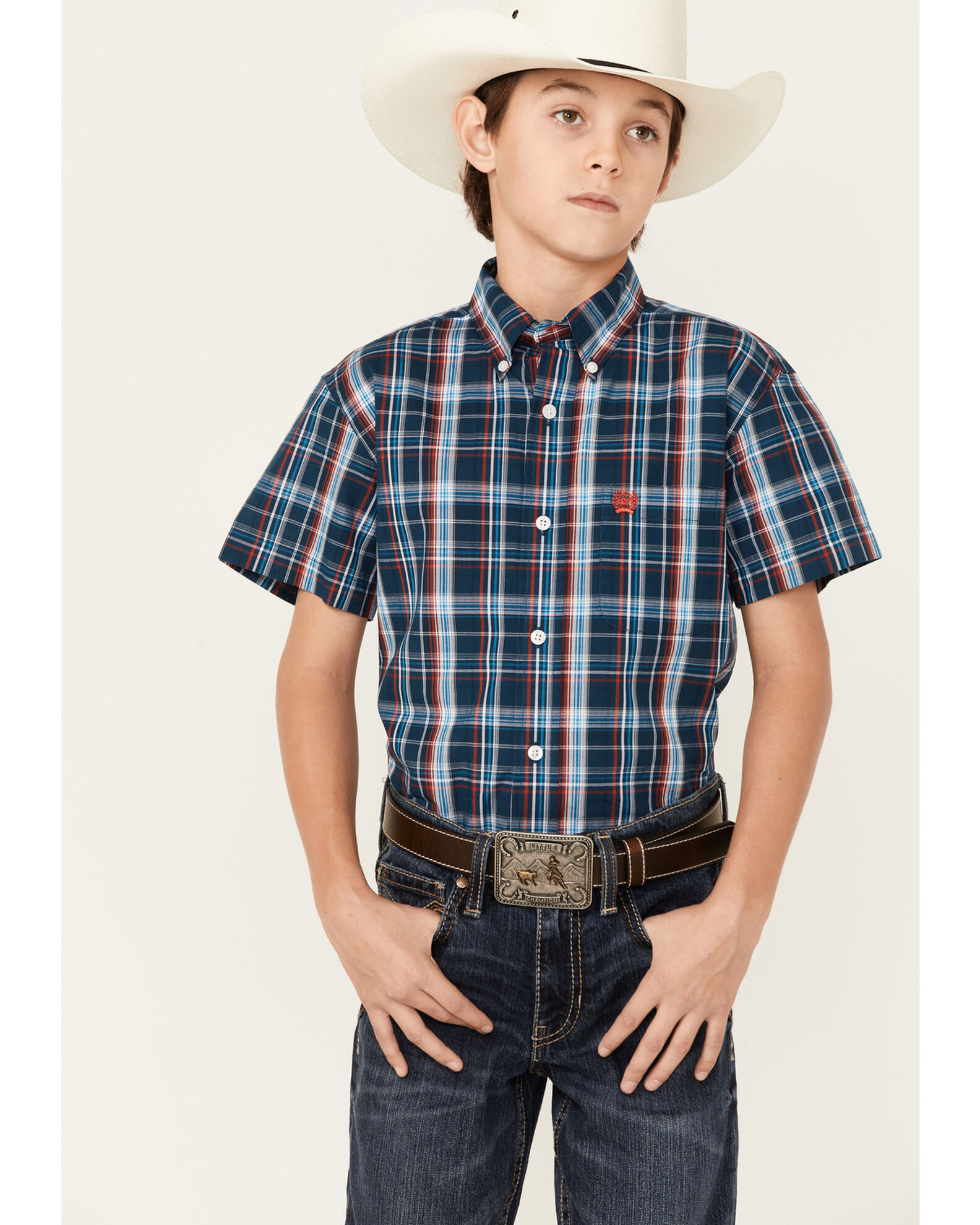 Cinch Boys' Plaid Print Short Sleeve Button-Down Shirt | Sheplers