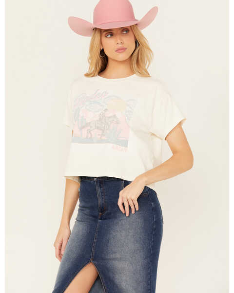 Image #1 - Ariat Women's Rodeo Bound Short Sleeve Cropped Graphic Tee, White, hi-res
