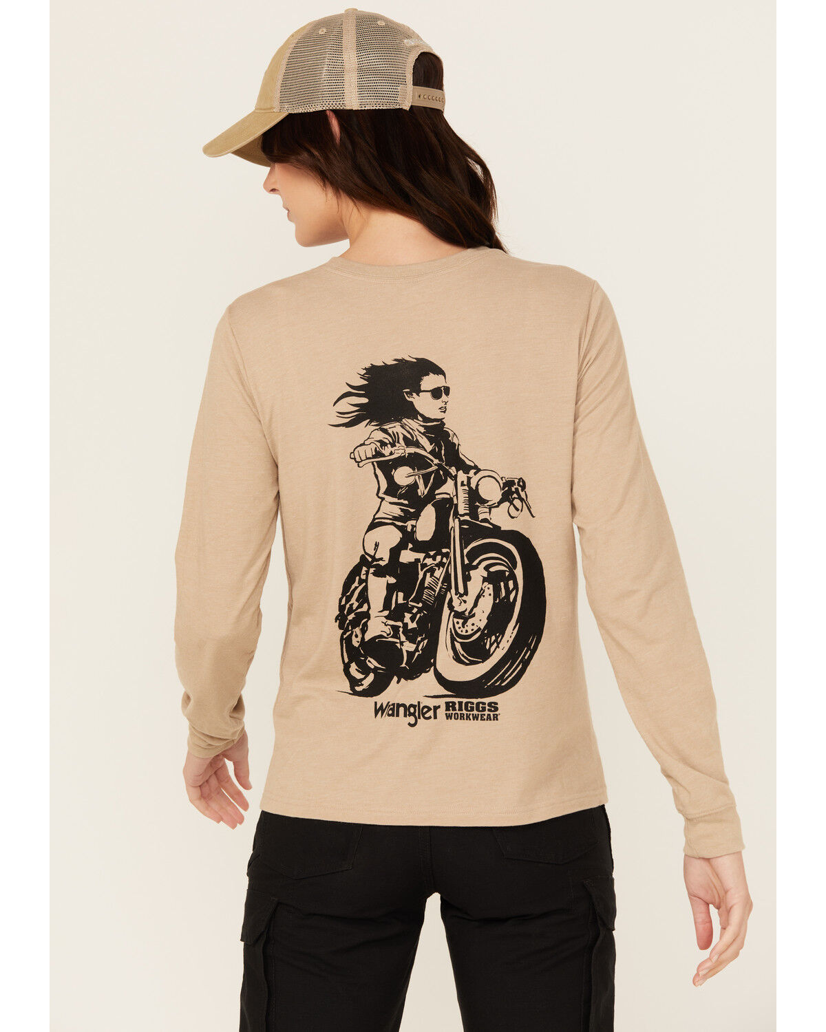 Image #1 - Wrangler RIGGS Women's Boot Barn Exclusive Moto Girl Long Sleeve Graphic Work Tee - Plus, Taupe, hi-res
