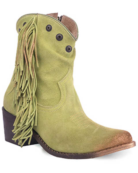 Image #1 - Circle G Women's Studded Suede Fringe Ankle Boots - Round Toe , Green, hi-res