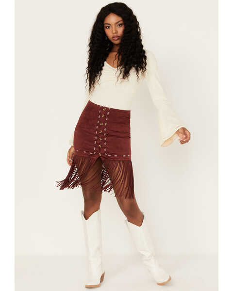 Image #1 - Shyanne Women's Embroidered Southwestern Fringe Mini Skirt, Wine, hi-res