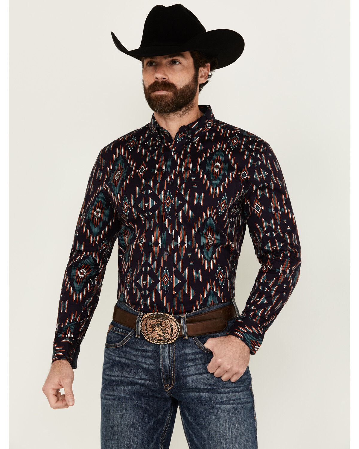 Image #1 - RANK 45® Men's Hilsborrow Southwester Print Long Sleeve Button-Down Stretch Western Shirt, Dark Blue, hi-res