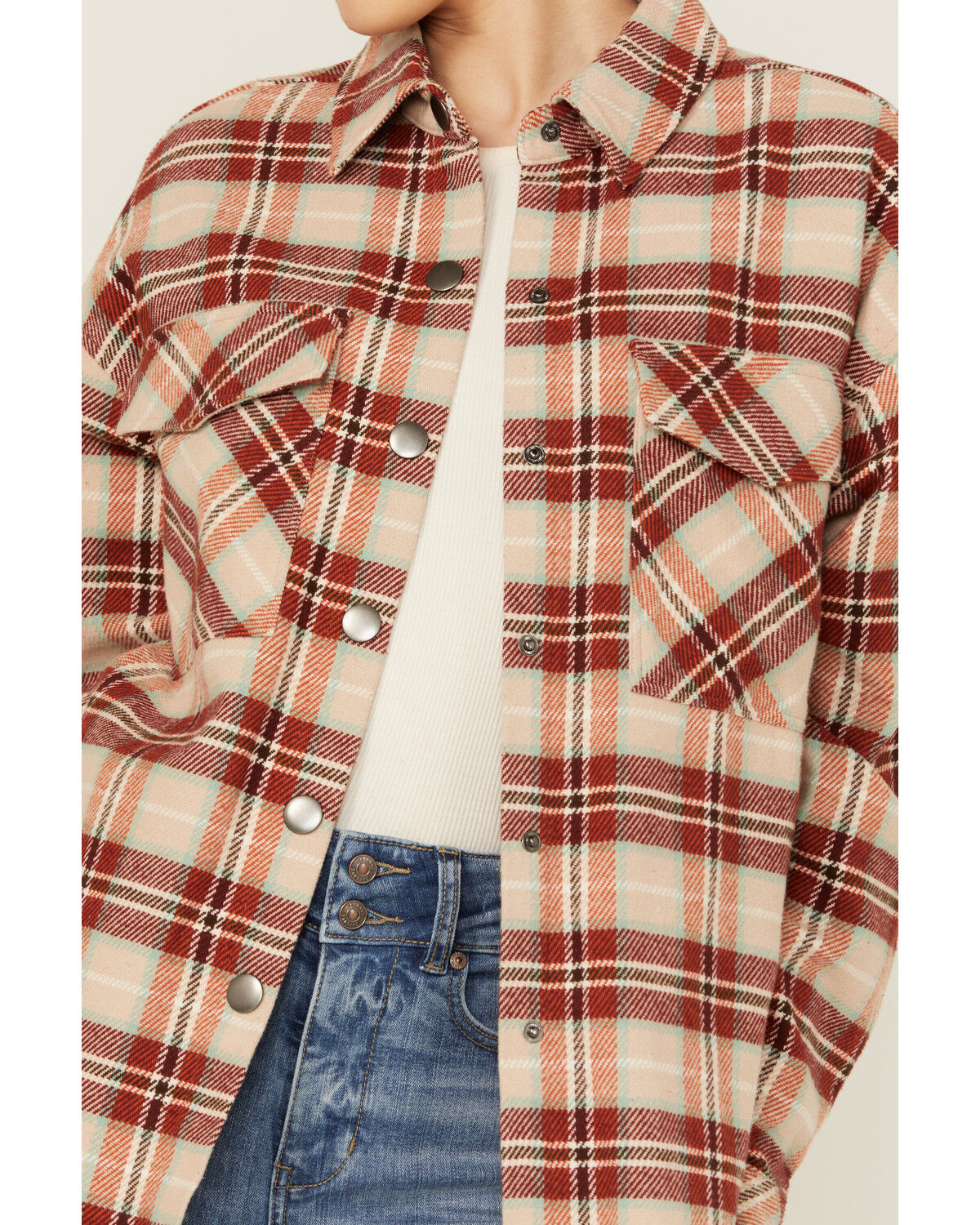Image #3 - Rock & Roll Denim Women's Plaid Print Fringe Snap Shacket, Rust Copper, hi-res
