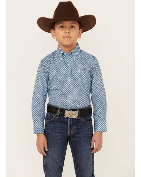 Wrangler Boys' Geo Print Long Sleeve Button-Down Western Shirt , Blue, hi-res