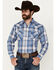 Image #1 - Ely Walker Men's Plaid Print Short Sleeve Pearl Snap Western Shirt, Navy, hi-res