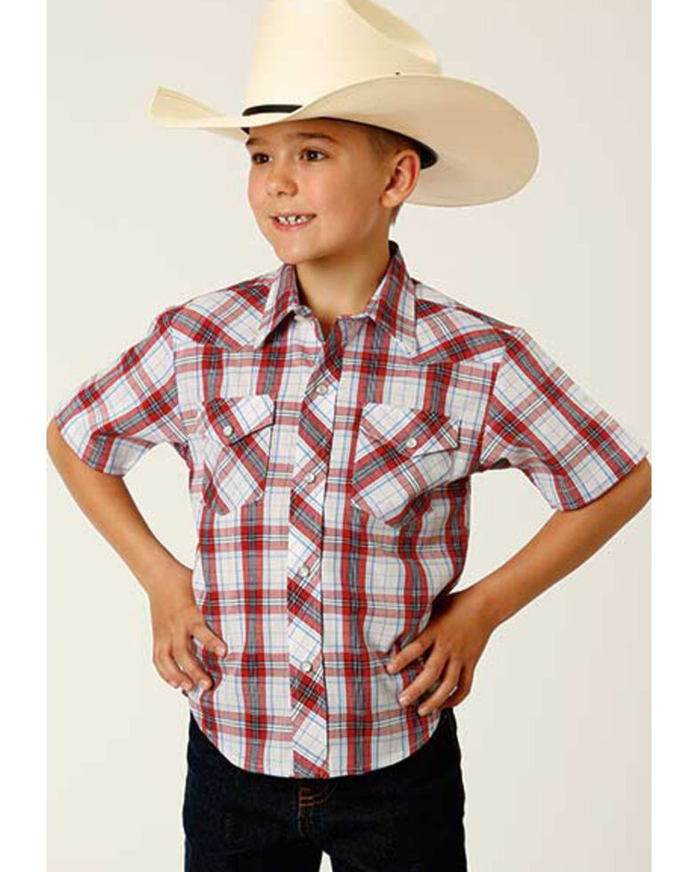 Roper Boys' Tablecloth Plaid Short Sleeve Snap Western Shirt , White, hi-res