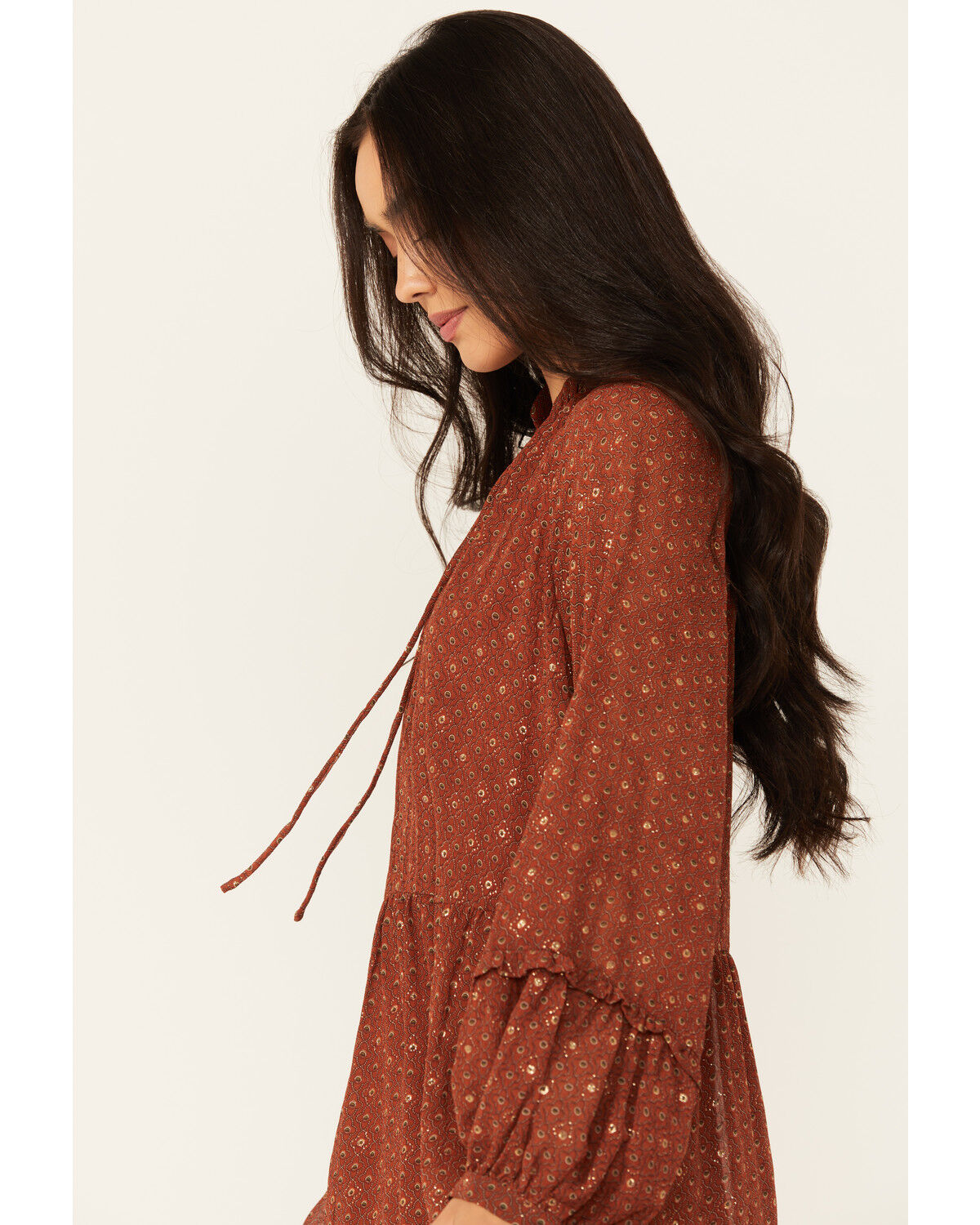 Image #2 - Molly Bracken Women's Long Sleeve Peasant Mini Dress, Rust Copper, hi-res