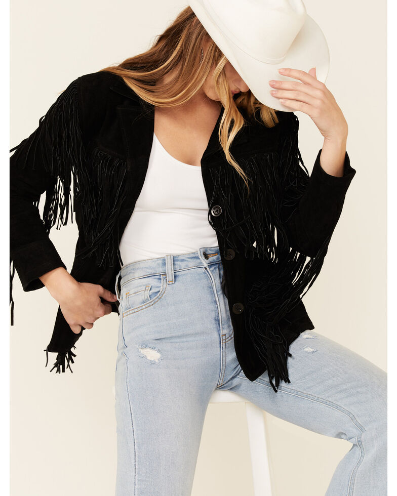 Liberty Wear Women's Black Suede Fringe Snap-Front Jacket , Black, hi-res