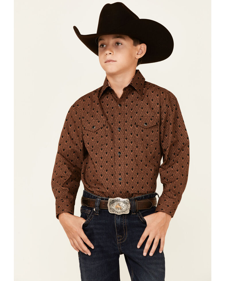 Panhandle Select Boys' Copper Diamond Geo Print Long Sleeve Snap Western Shirt , Rust Copper, hi-res