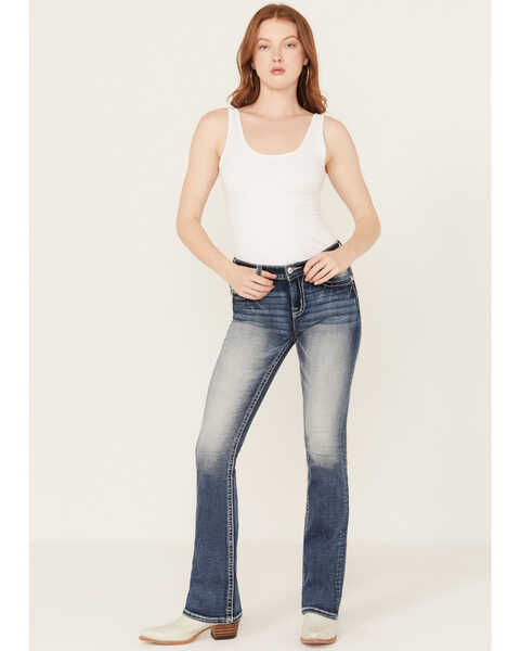 Image #3 - Miss Me Women's Dark Wash Mid Rise Floral Paisley Wing Bootcut Jeans, Dark Blue, hi-res