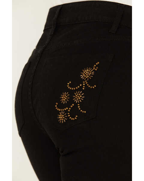 Image #4 - Shyanne Women's Sand Palm High Rise Embellished Flare Jeans , Black, hi-res
